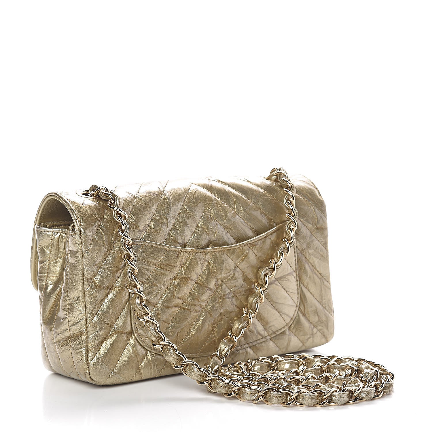 Chanel Patent Metallic Crumpled Calfskin Chevron Quilted Mini Rectangular Flap Gold 3 of 11