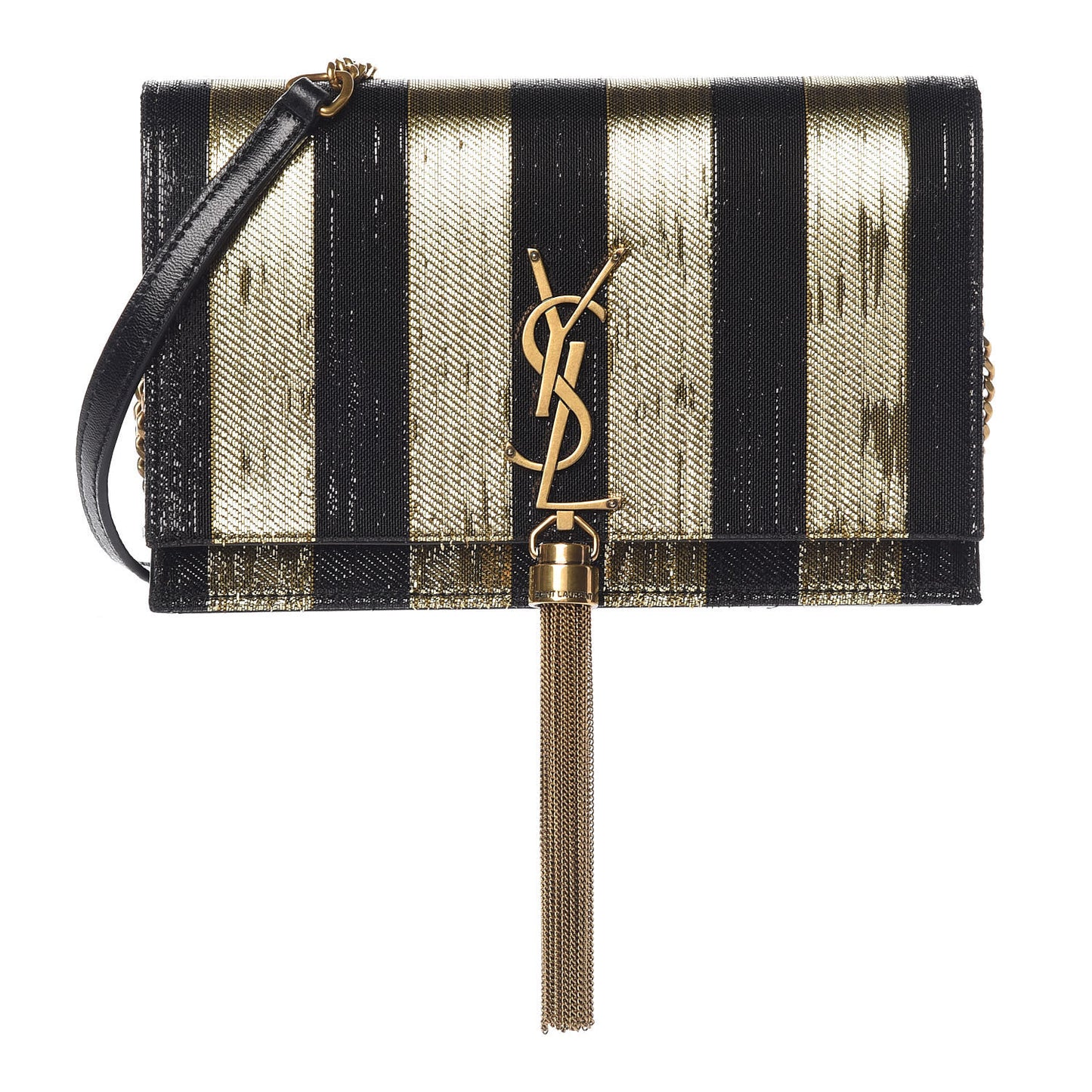 Sequin Striped Classic Monogram Kate Tassel Chain Wallet Black Gold