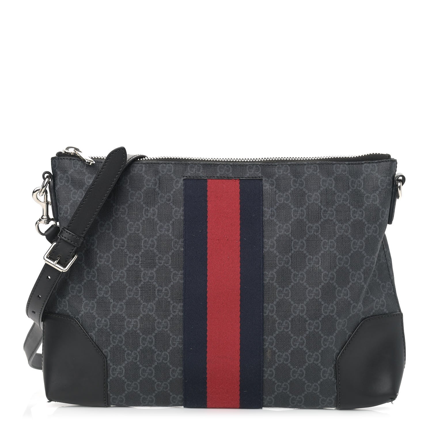 Gucci Soft GG Supreme Monogram Appia Calfskin Web East West Messenger Bag Black Grey 1 of 13