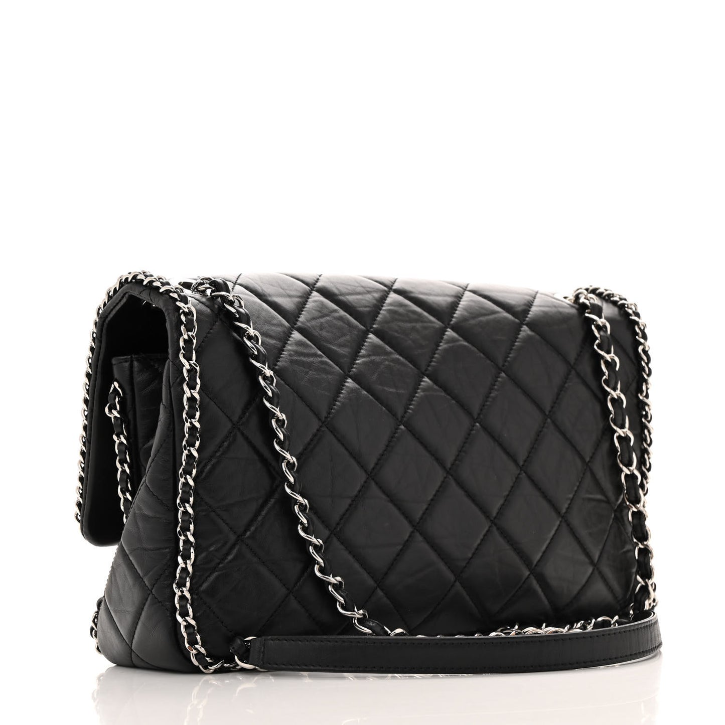 Crumpled Calfskin Quilted Large Chain All Over Flap Bag Black