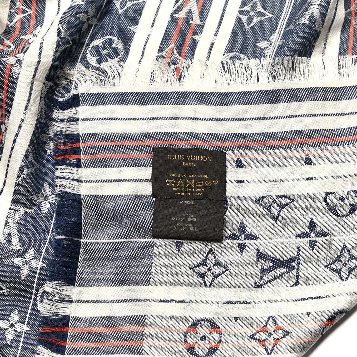 Louis Vuitton Silk Wool Monogram Mattress Stripes Shawl Blue Jean 4 of 4