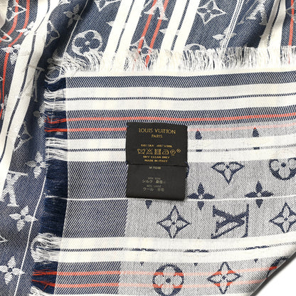 Louis Vuitton Silk Wool Monogram Mattress Stripes Shawl Blue Jean 4 of 4