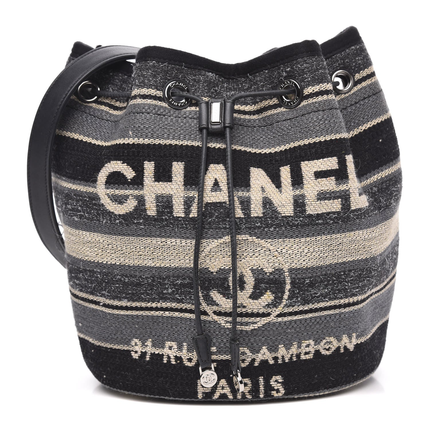 Chanel Striped Canvas Deauville Drawstring Bag Grey Black 1 of 10