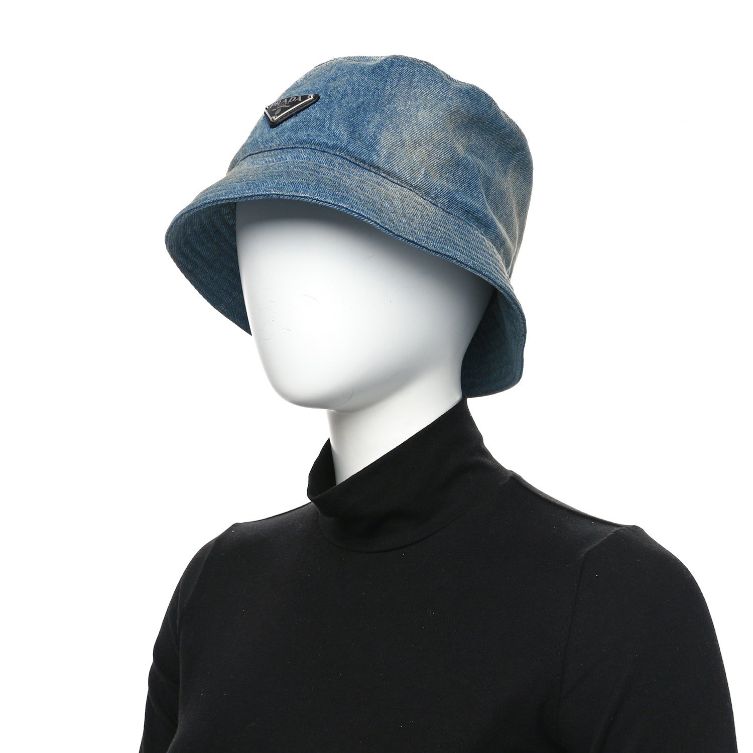 Prada Used Denim Metal Triangle Logo Mens Bucket Hat XXL Light Blue 2 of 9