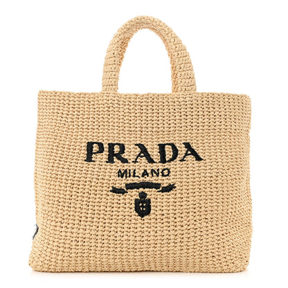 Prada Yarn Raffia Effect Crochet Embroidered Logo Tote Naturale 1 of 10