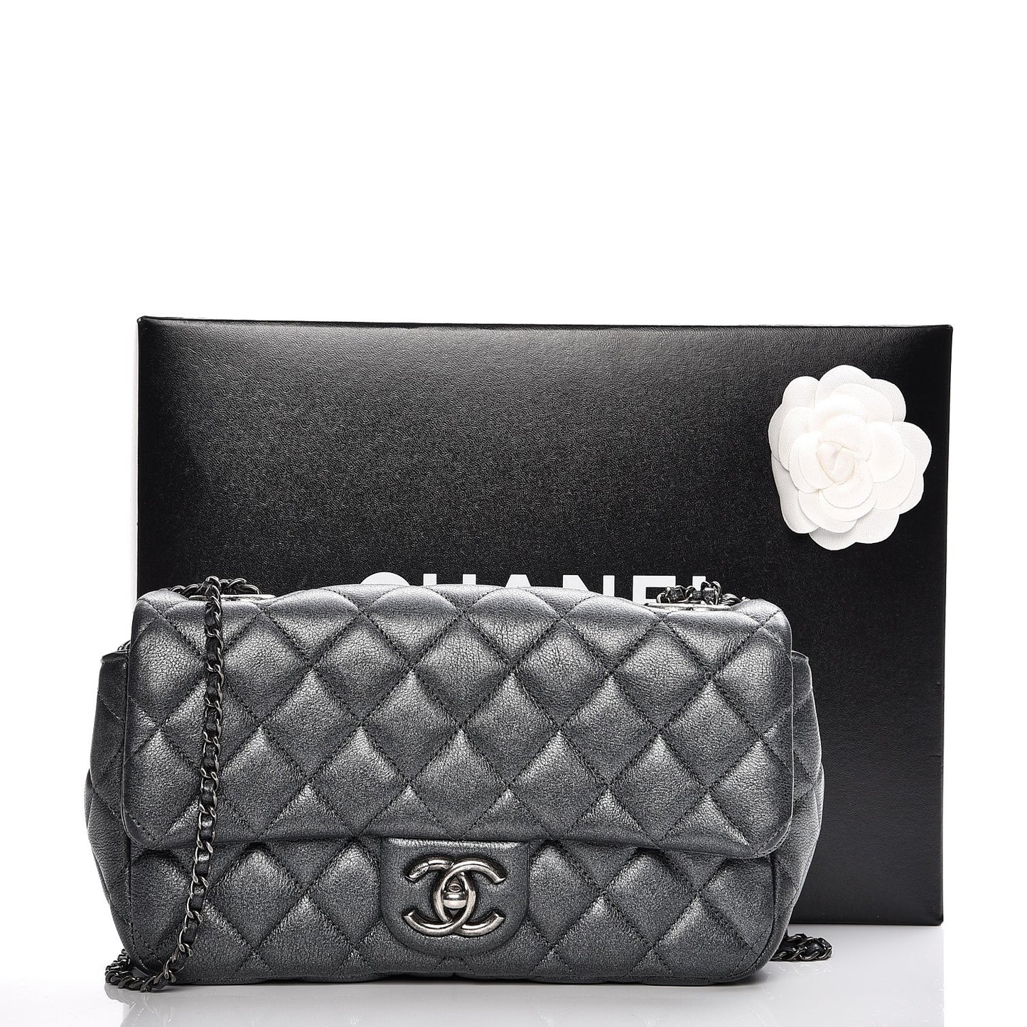 Metallic Calfskin Quilted Medium CC Eyelet Flap Dark Silver