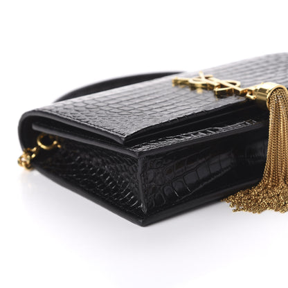 Saint Laurent Calfskin Crocodile Embossed Kate Monogram Tassel Chain Wallet Black 6 of 9