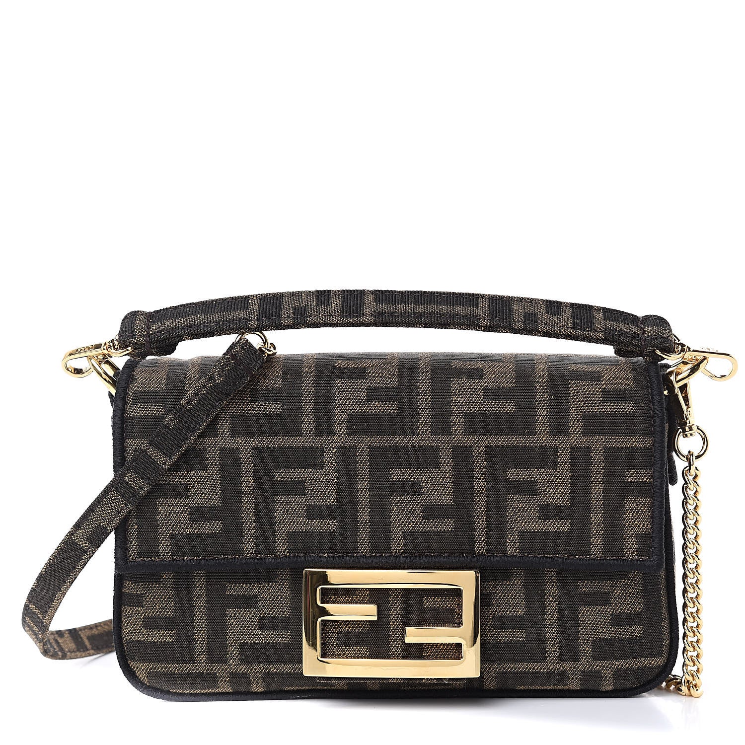 Fendi Fabric Jacquard FF 1974 Mini Baguette Tobacco Moro Black 1 of 9