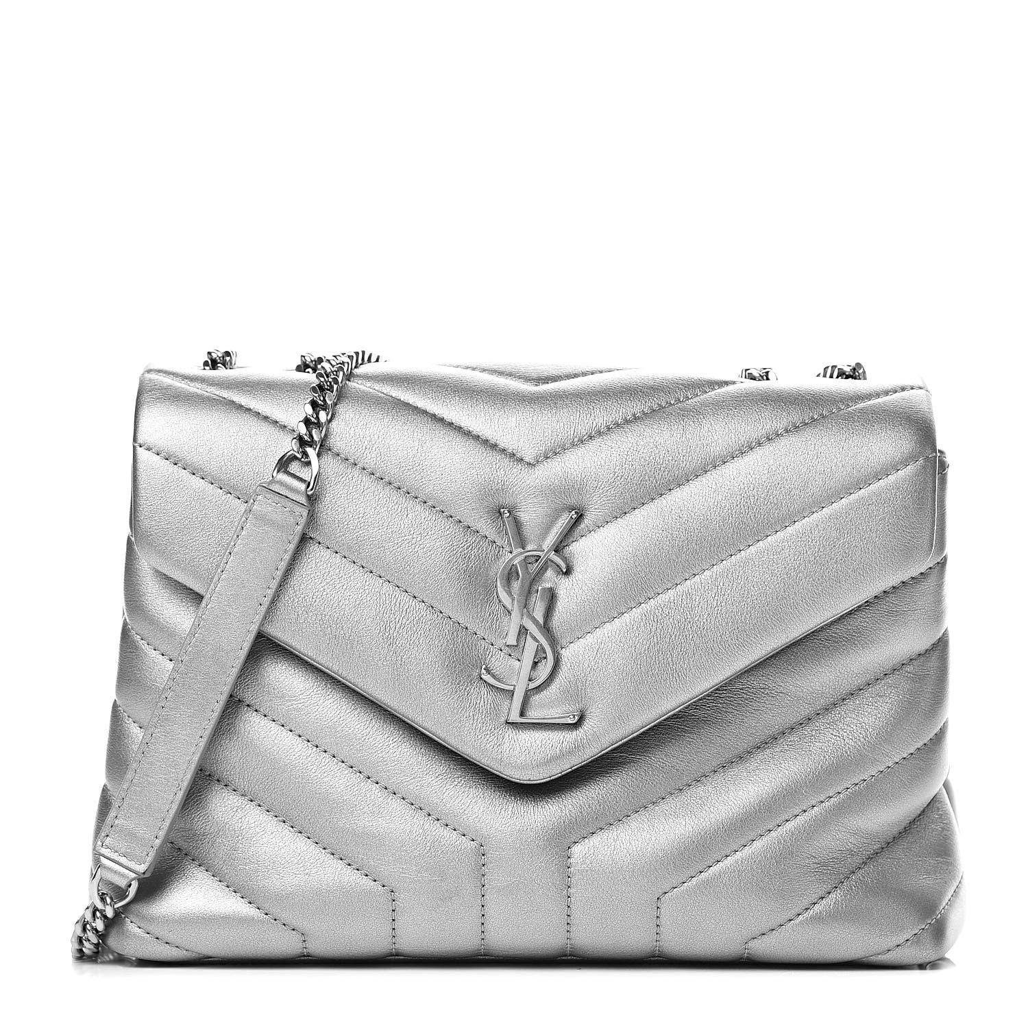 Saint Laurent Metallic Calfskin Y Quilted Monogram Small Loulou Chain Satchel Silver 1 of 10