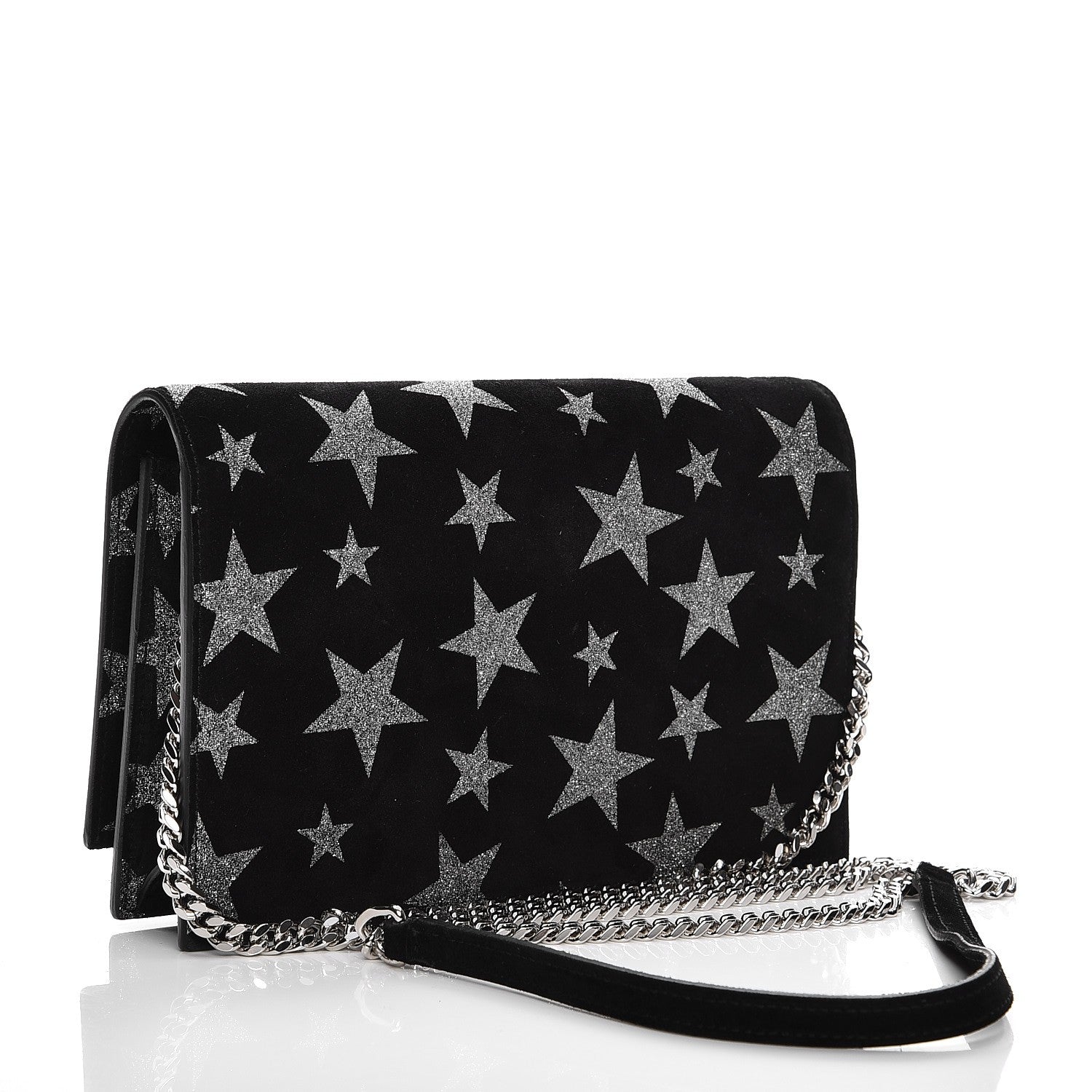Saint Laurent Suede Star Print Monogram Chain Wallet Black Silver 3 of 7