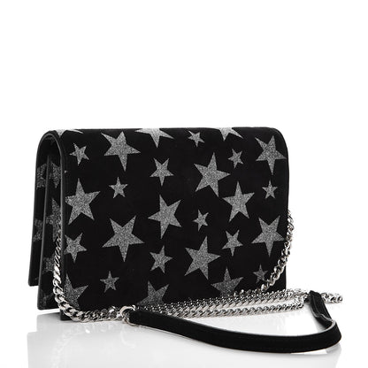 Saint Laurent Suede Star Print Monogram Chain Wallet Black Silver 3 of 7