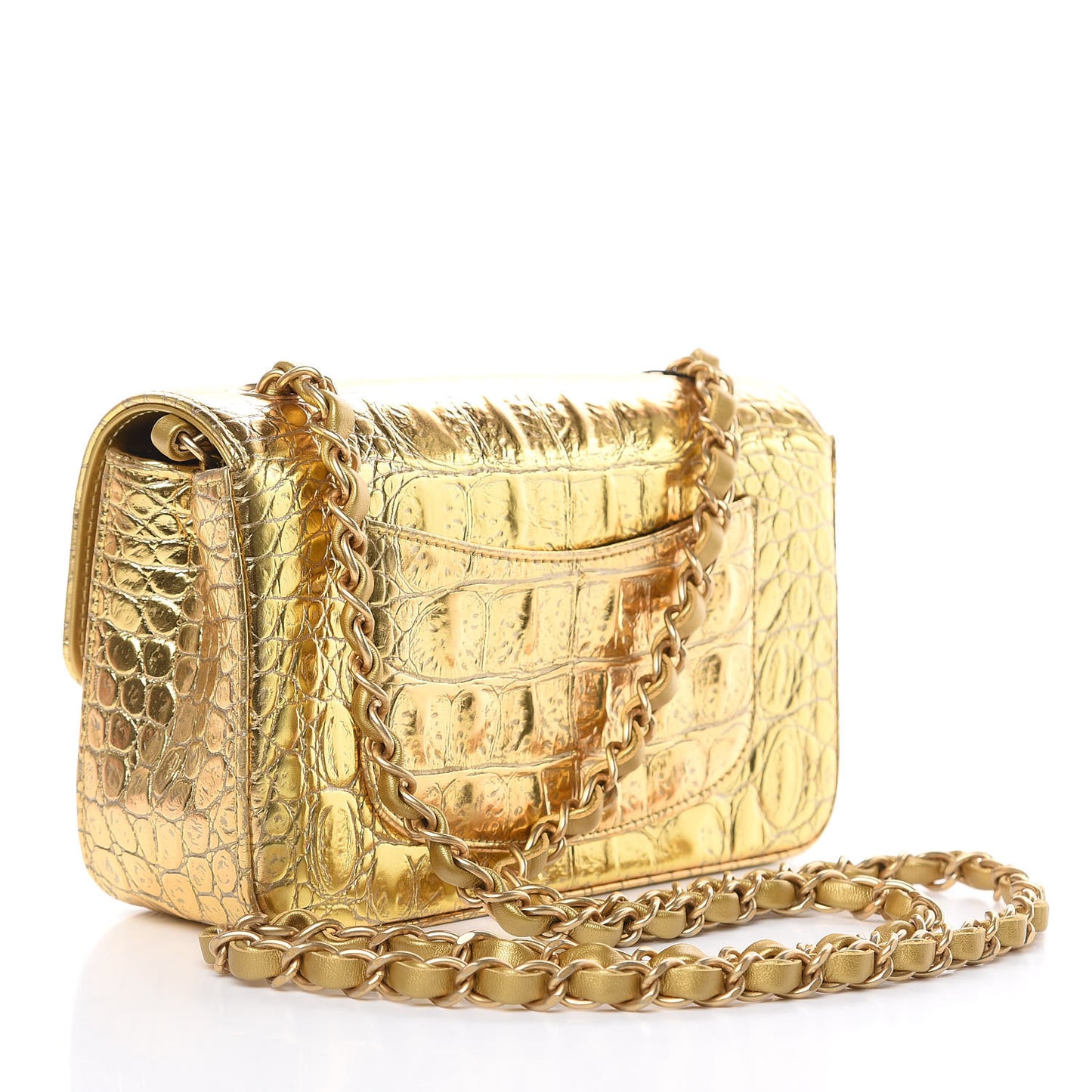 Metallic Calfskin Crocodile Embossed Cocodile Rectangular Mini Flap Gold
