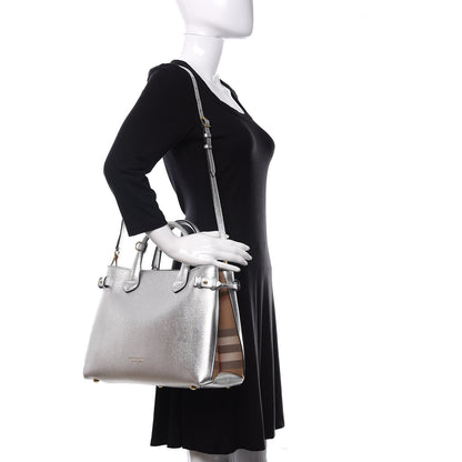 Burberry Metallic Grainy Calfskin House Check Medium Banner Tote Silver 2 of 10