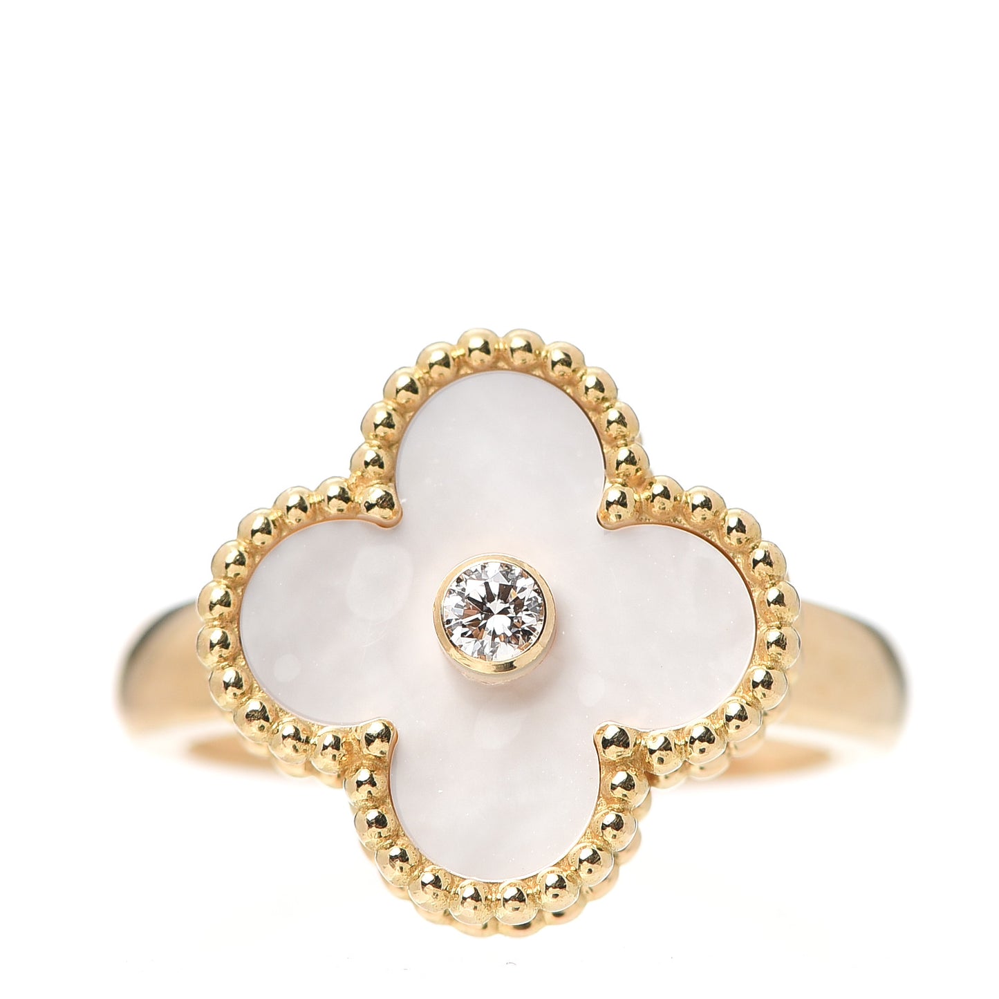 18K Yellow Gold Diamond Mother of Pearl Vintage Alhambra Ring 52 6