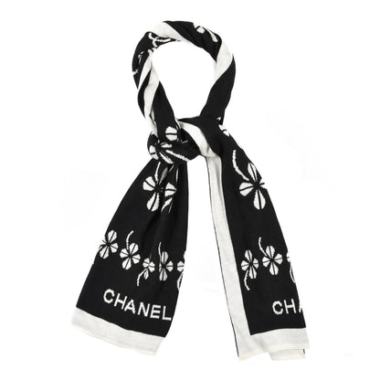 Chanel Cashmere Wool Clover Scarf Black White 1 of 4