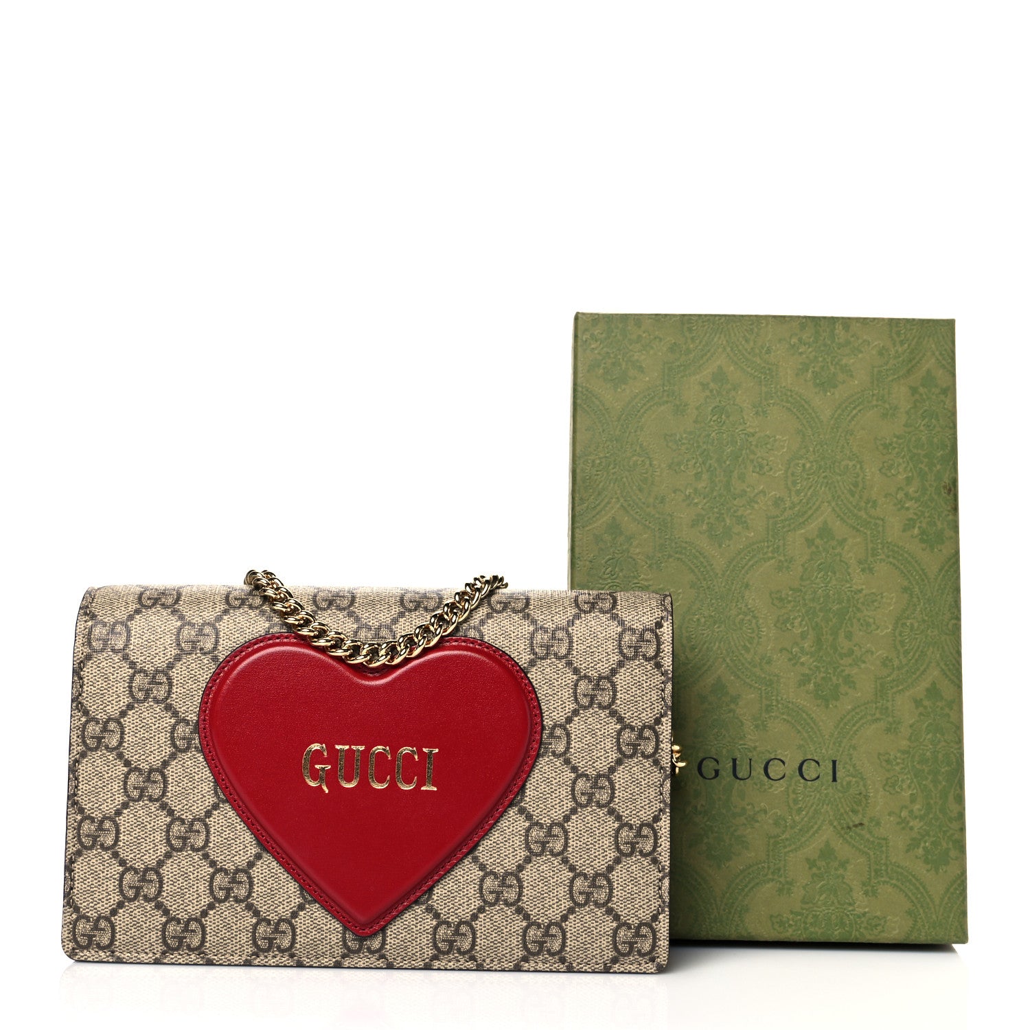 Gucci GG Supreme Monogram Script Logo Heart Wallet on Chain Beige Brown 10 of 10