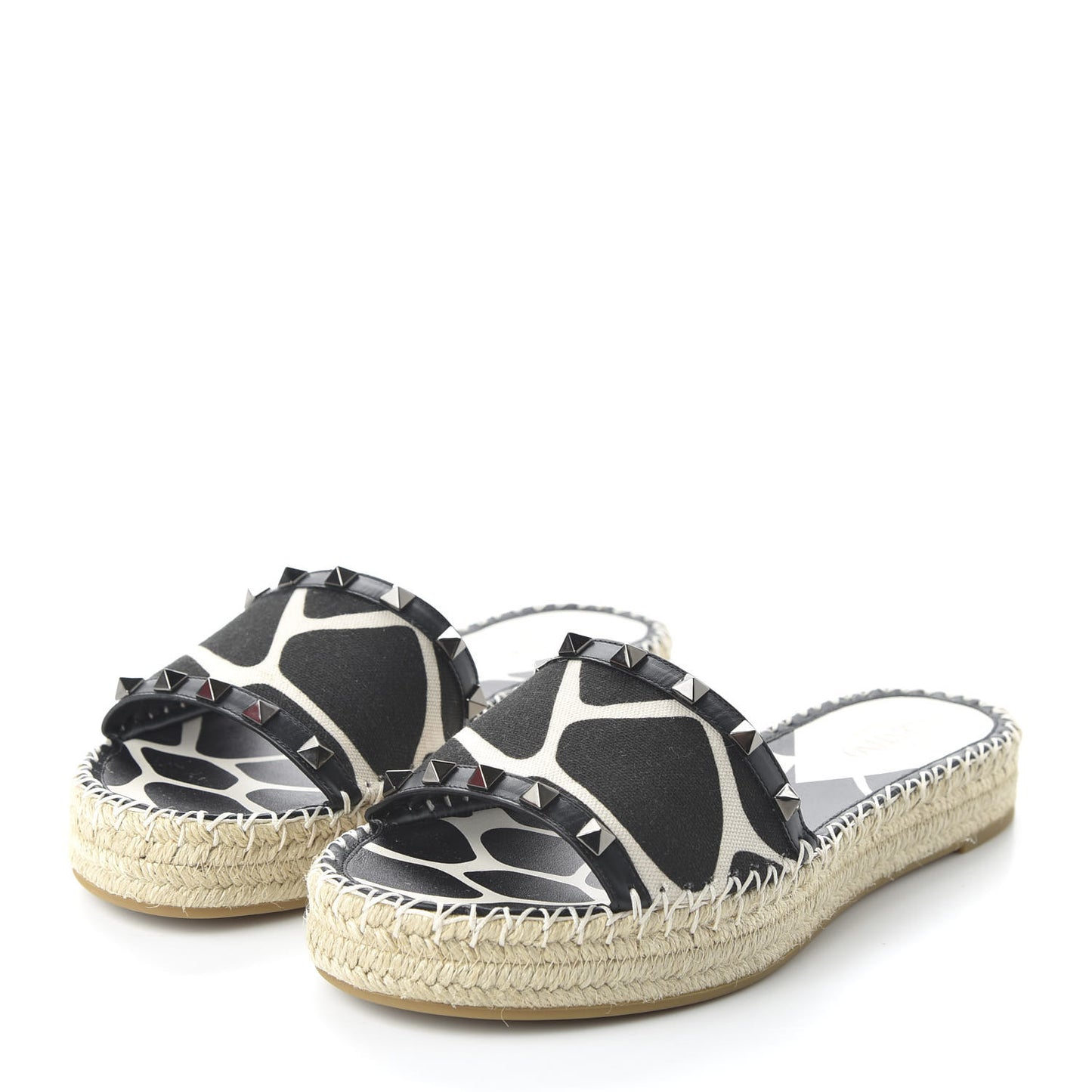 Canvas Giraffe Rockstud Espadrille Flat Slide Sandals 39 Black White