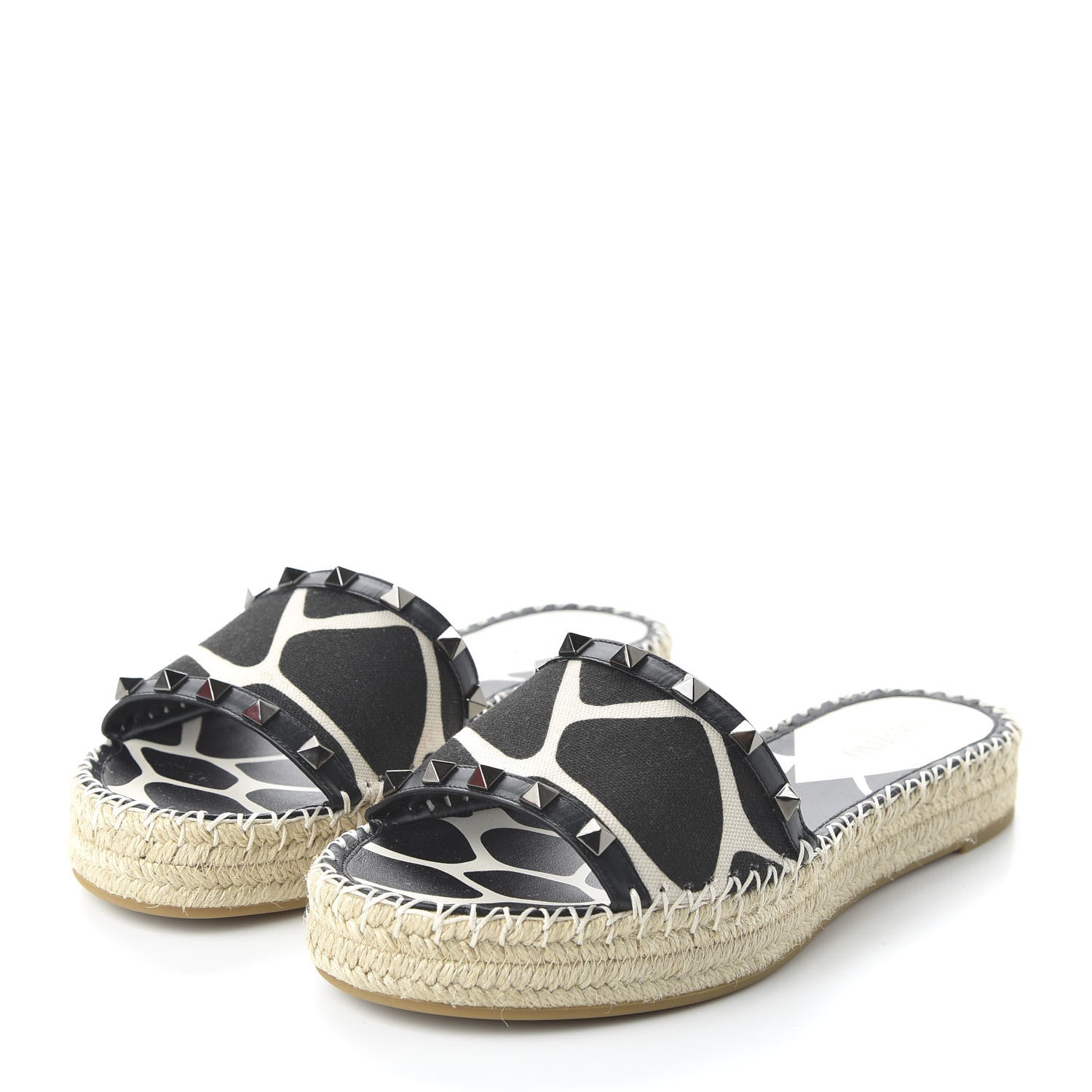 Valentino Garavani Canvas Giraffe Rockstud Espadrille Flat Slide Sandals 39 Black White 3 of 10