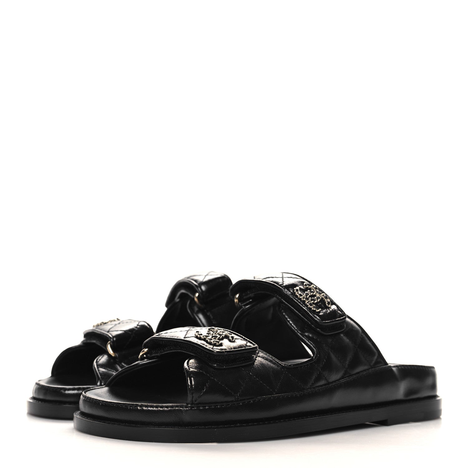 Chanel Lambskin Quilted Velcro Dad Chain CC Slide Sandals 37 Black 4 of 9