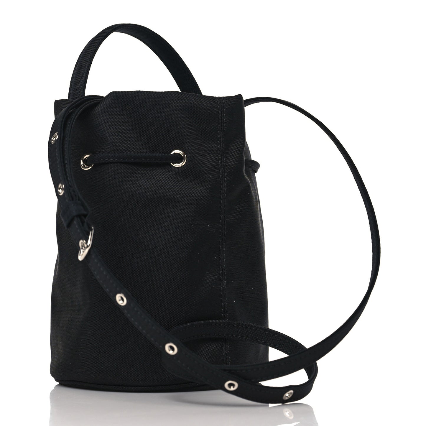 Recycled Sport Nylon Logo Embroidered Wheel Drawstring Bucket Bag Black White