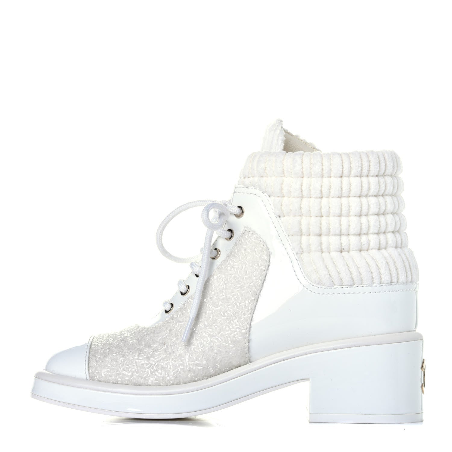 Chanel Tweed Patent Calfskin Velvet Lace Up Boots 37 White 1 of 10