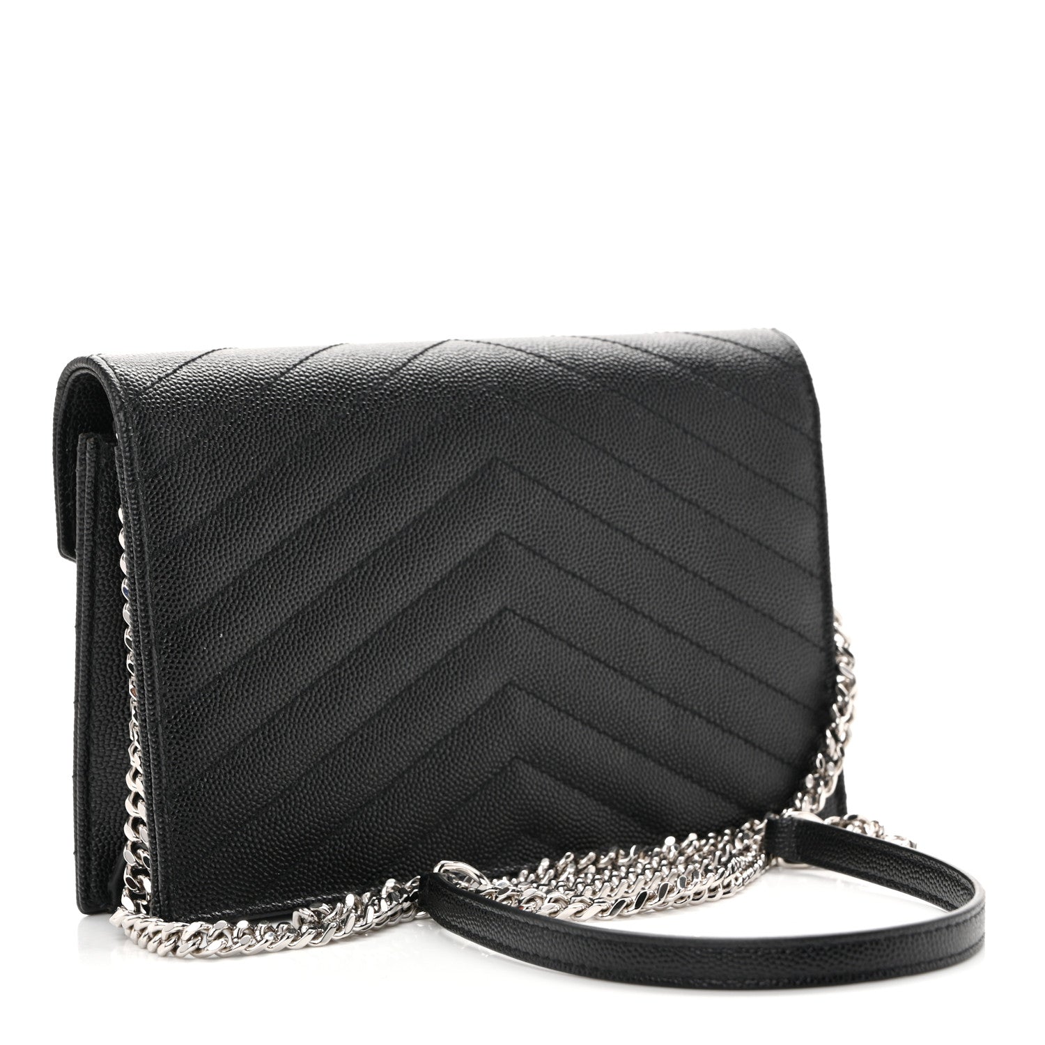 Saint Laurent Grain De Poudre Matelasse Chevron Monogram Envelope Chain Wallet Black 3 of 10