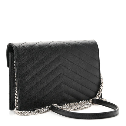 Saint Laurent Grain De Poudre Matelasse Chevron Monogram Envelope Chain Wallet Black 3 of 10