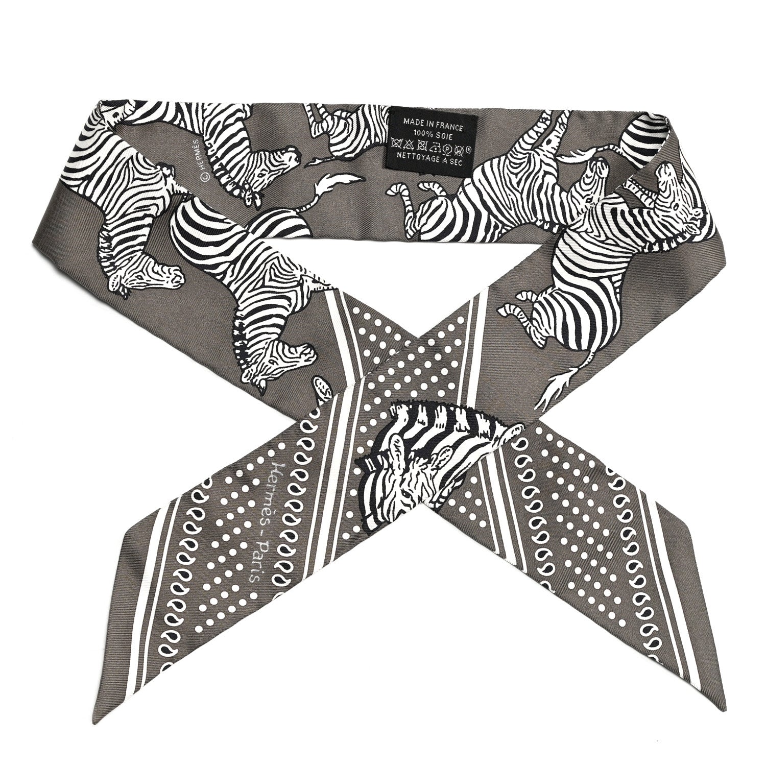 Hermes Silk Les Zebres Twilly Gris Taupe Black White 1 of 8