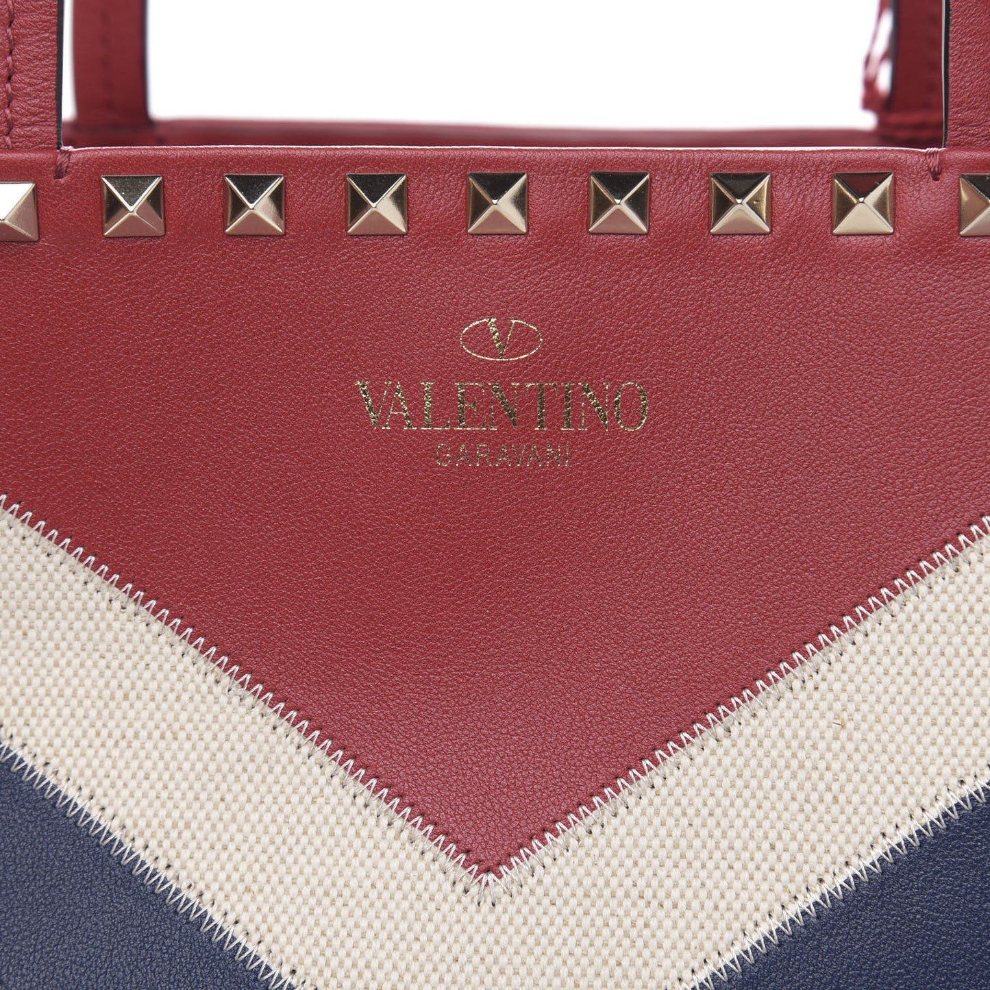 Calfskin Canvas Chevron Inlay Rockstud Shoulder Tote Red White Blue
