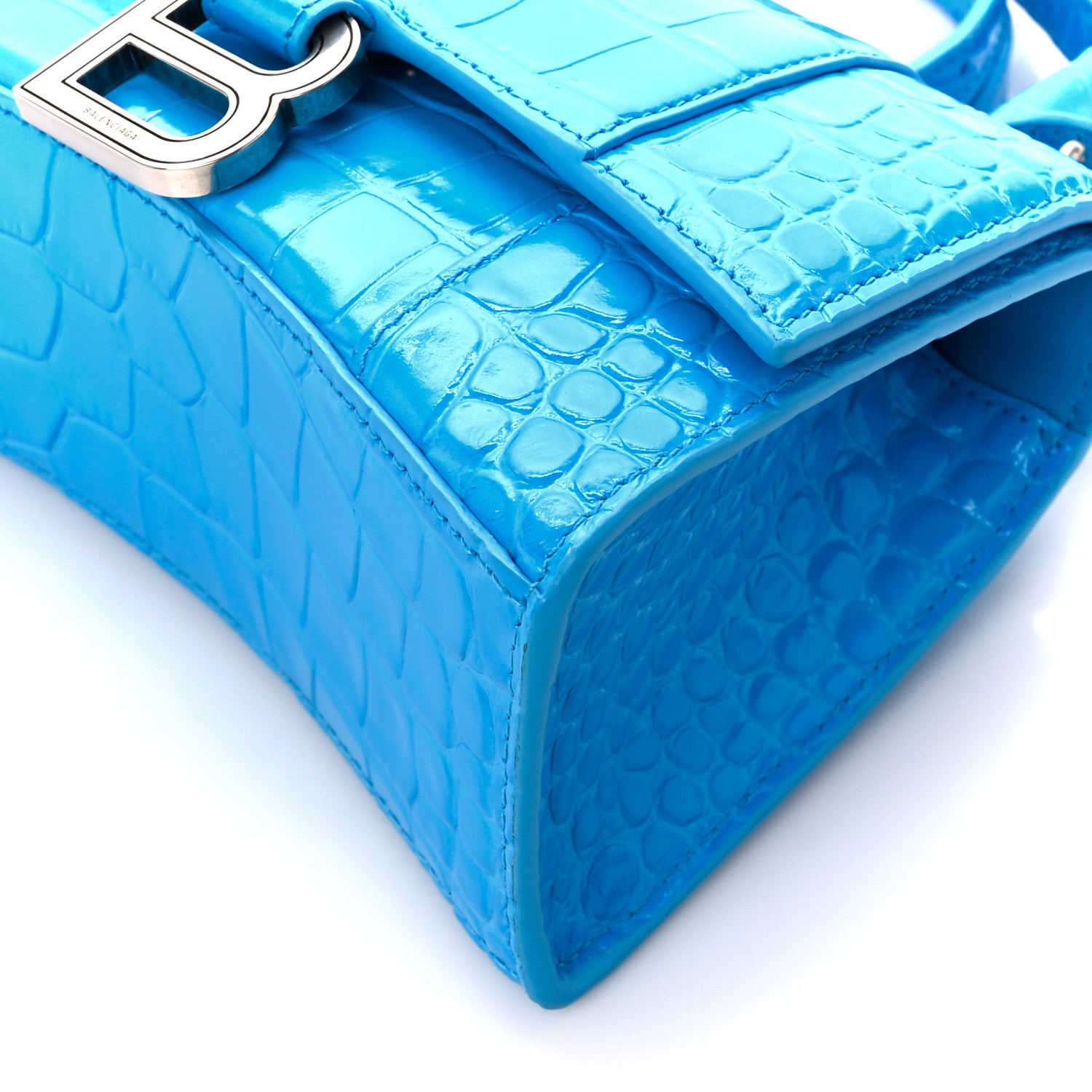 Balenciaga Shiny Calfskin Crocodile Embossed Hourglass Top Handle Bag XS Cyan 11 of 11