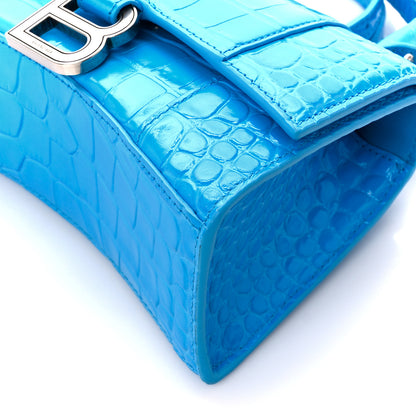 Balenciaga Shiny Calfskin Crocodile Embossed Hourglass Top Handle Bag XS Cyan 11 of 11