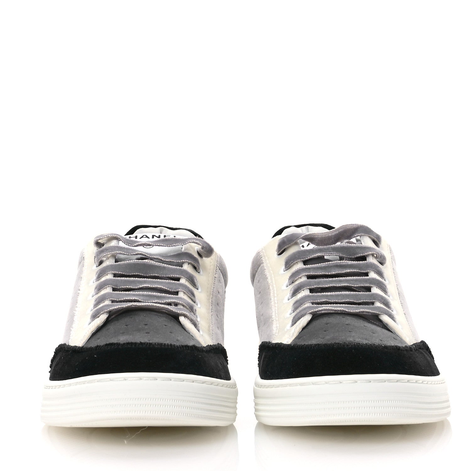 Chanel Velvet Womens Logo Sneakers 40 White Black Grey 3 of 9