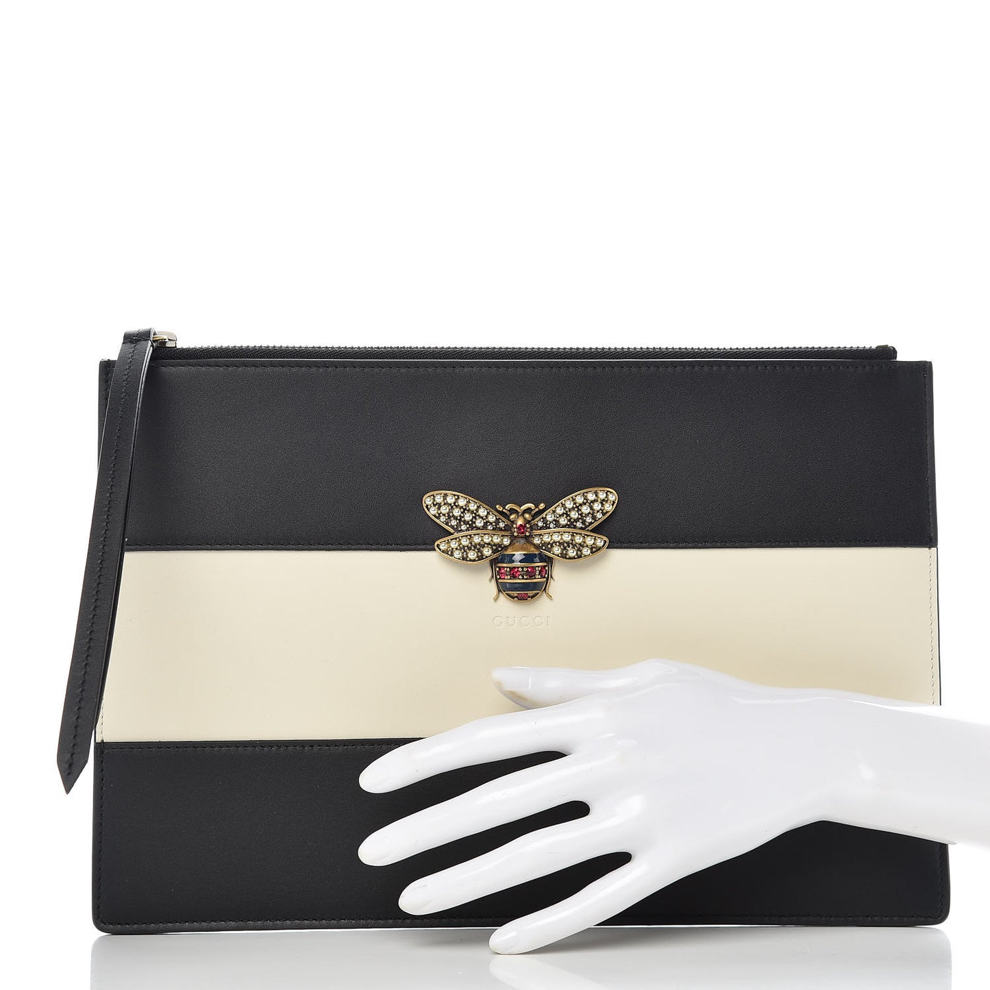 Calfskin Striped Oversized Bee Zip Pouch White Black