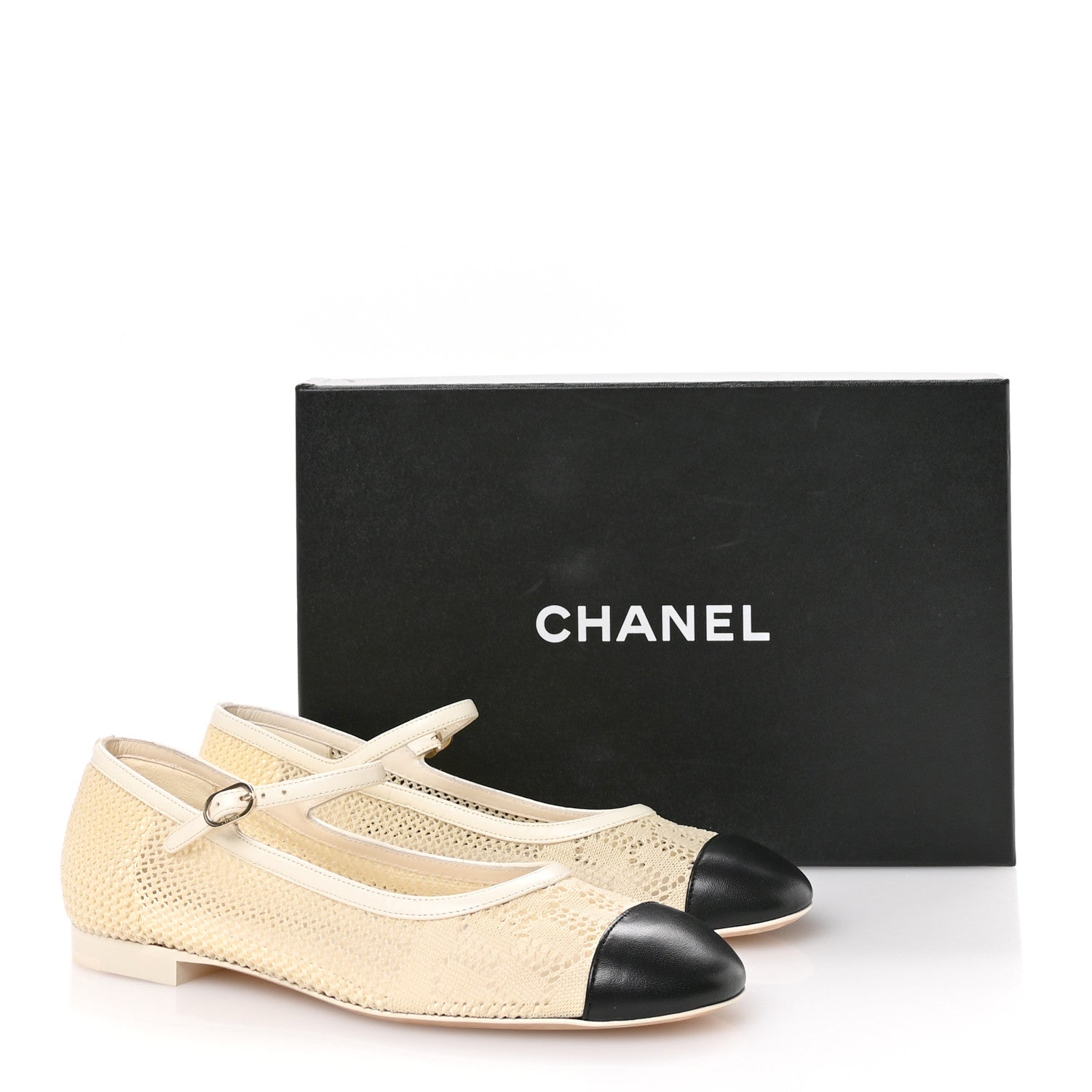 Chanel Crochet Lambskin Cap Toe Mary Jane Flats 39 Natural Beige Black 8 of 8