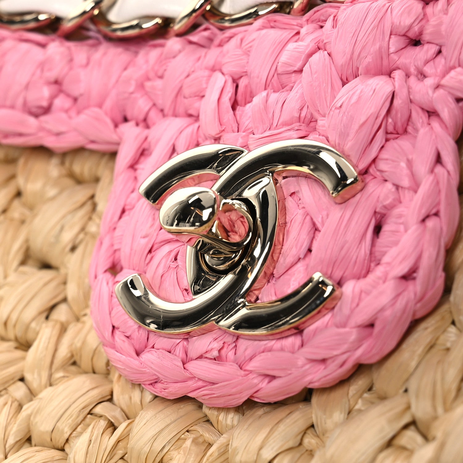 Chanel Raffia Chain Venice Beach Basket Flap Bag Beige Pink 11 of 12