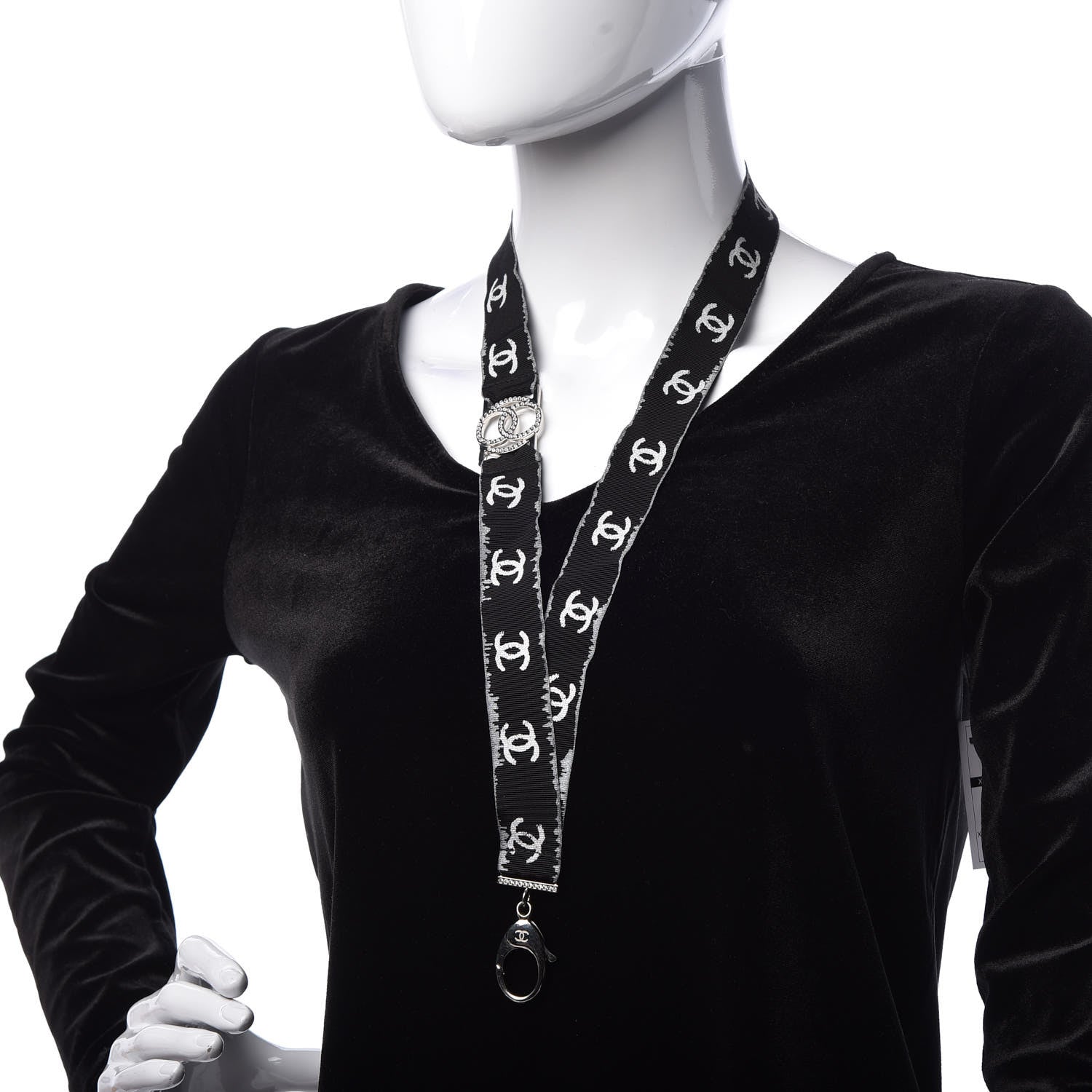 Chanel Crystal CC Lanyard Necklace Black Silver 2 of 4