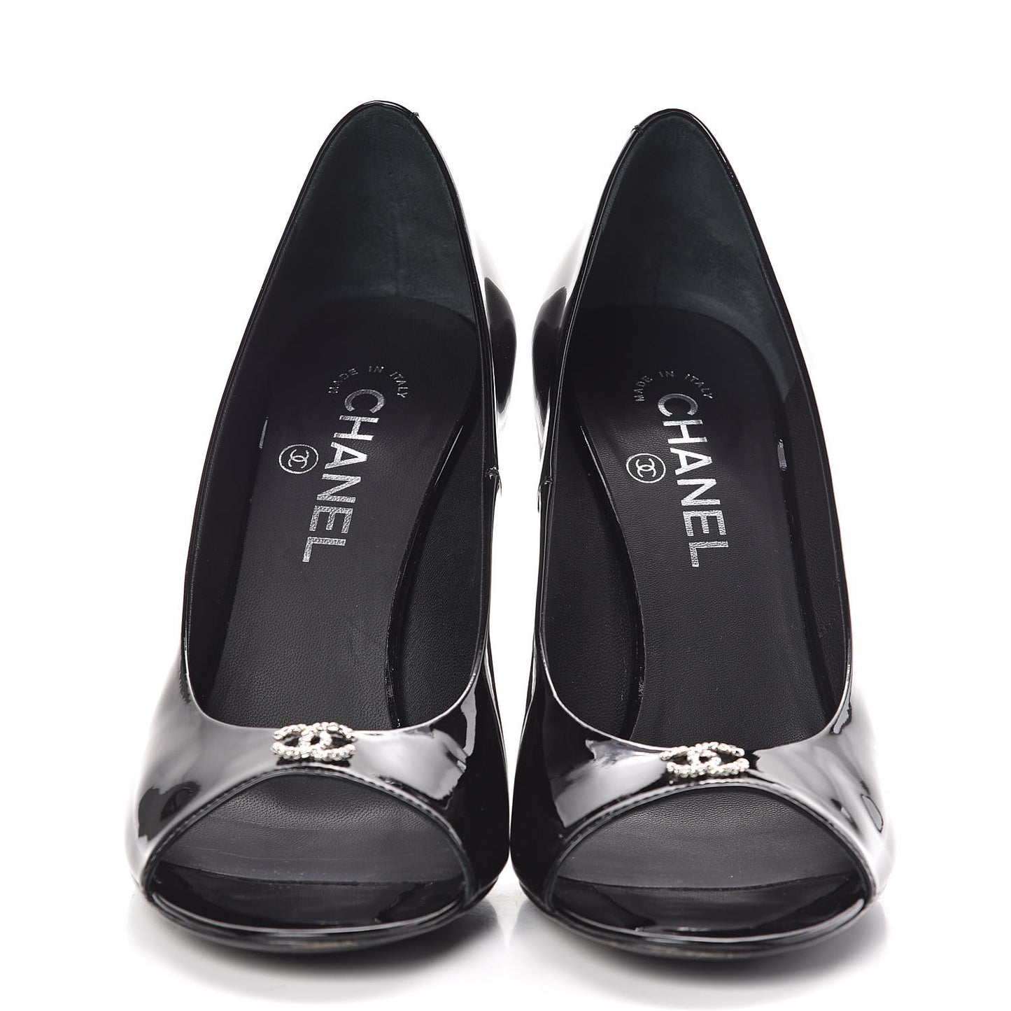 Patent Calfskin Pearl CC Open Toe Pumps 39.5 Black