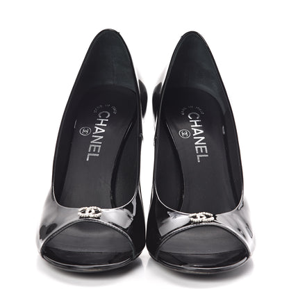 Chanel Patent Calfskin Pearl CC Open Toe Pumps 39.5 Black 2 of 8