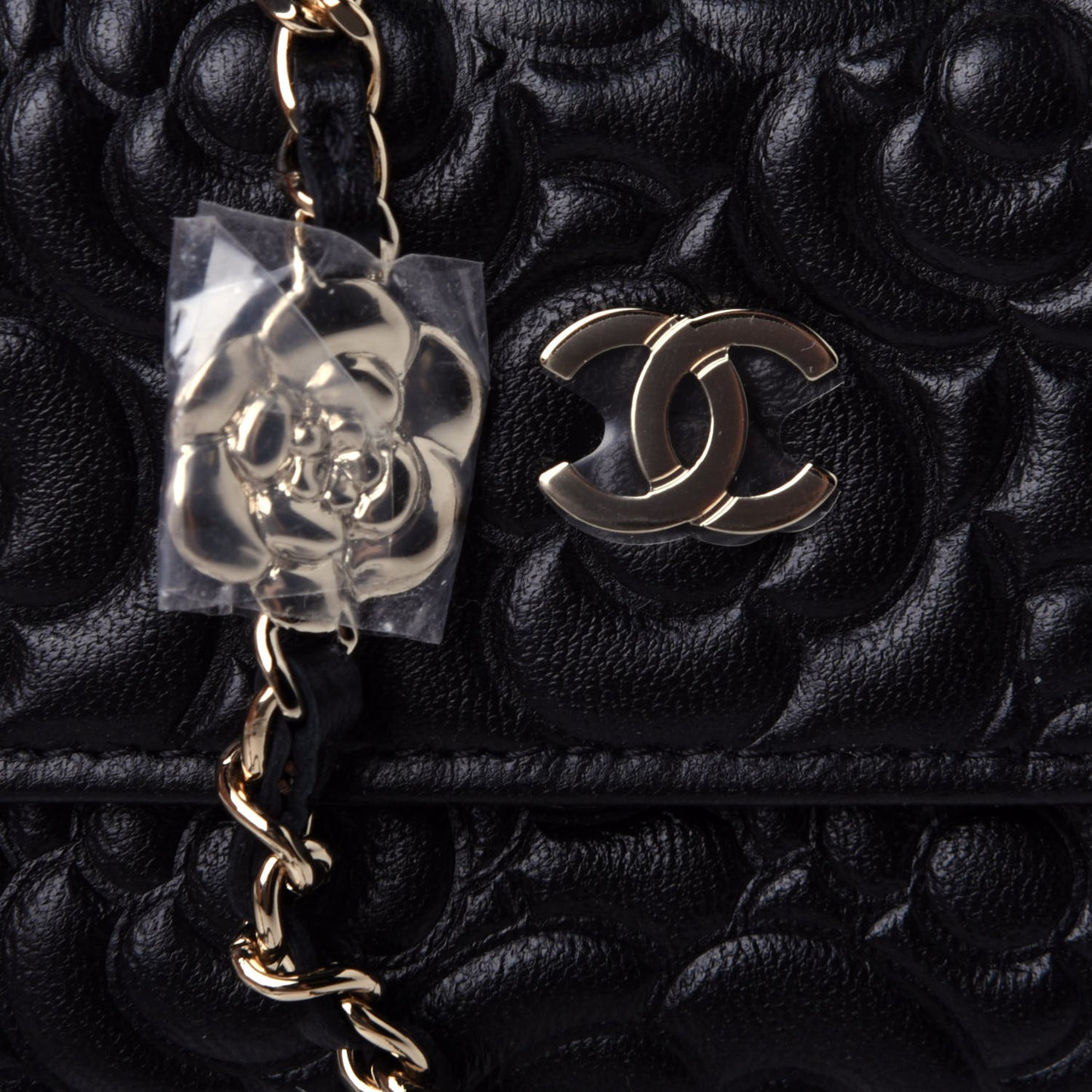 Lambskin Camellia Embossed Chain Belt Bag Black