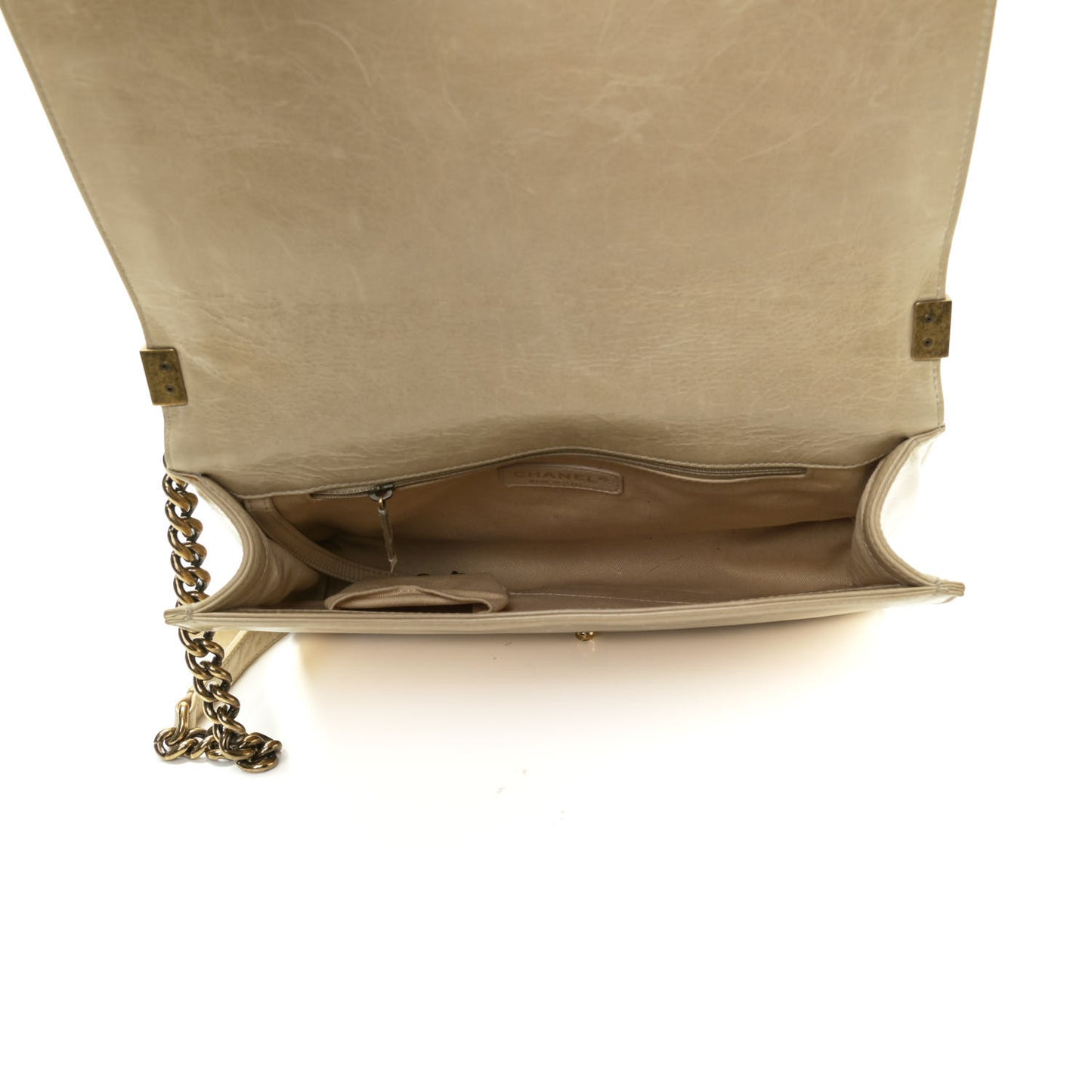 Glazed Calfskin Quilted Large Boy Flap Beige