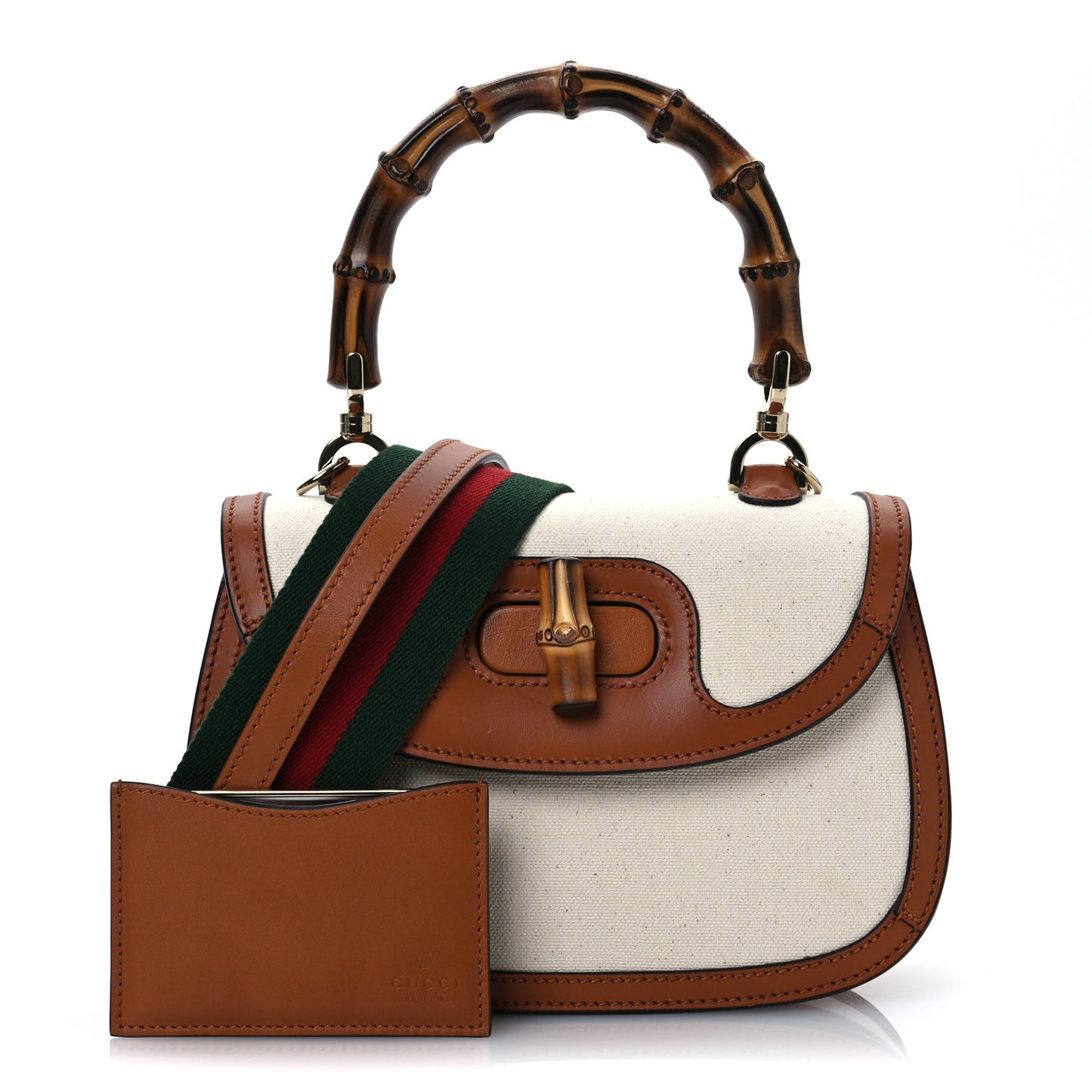 Canvas Calfskin Web Small Bamboo 1947 Top Handle Bag Greggio Harness Brown