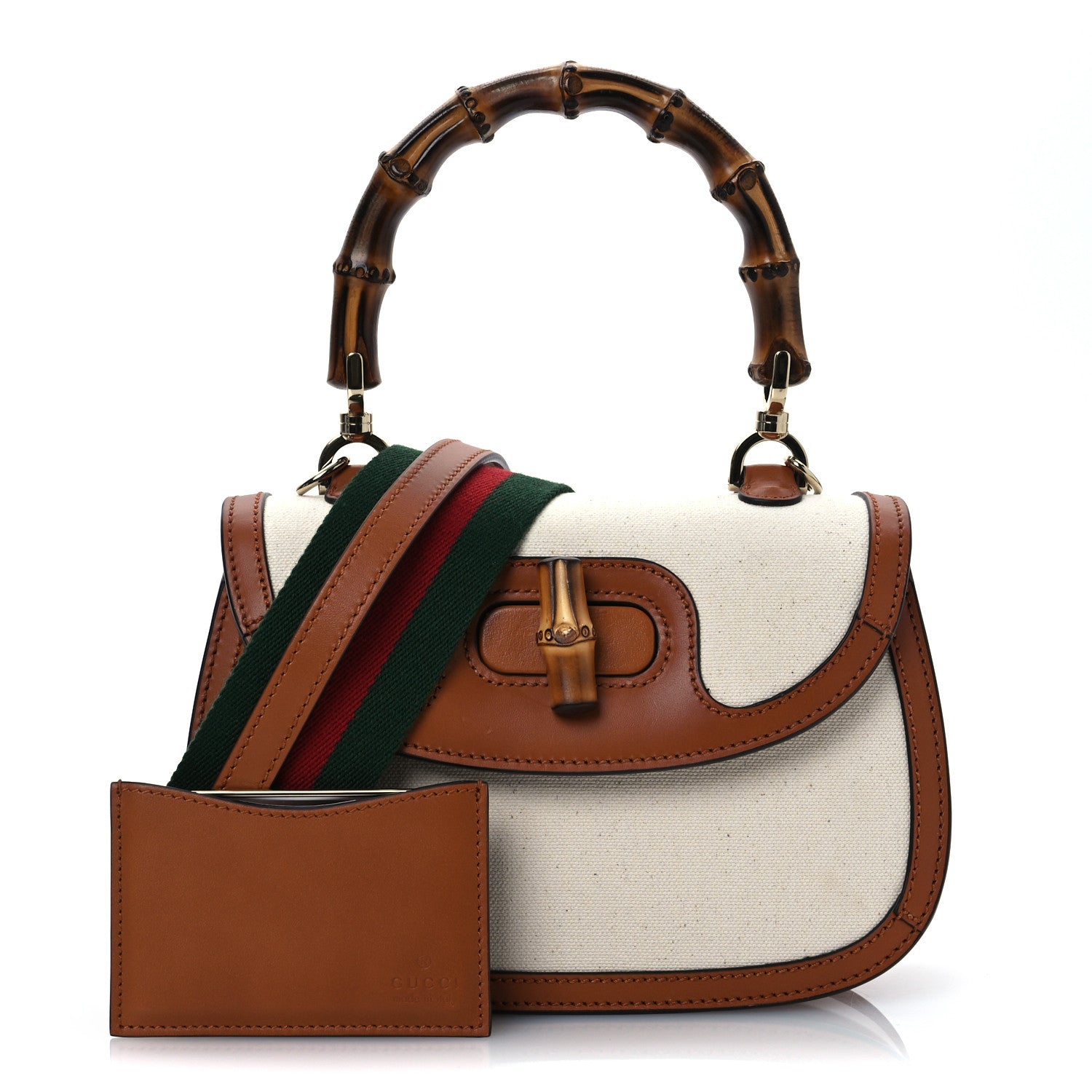 Gucci Canvas Calfskin Web Small Bamboo 1947 Top Handle Bag Greggio Harness Brown 3 of 14