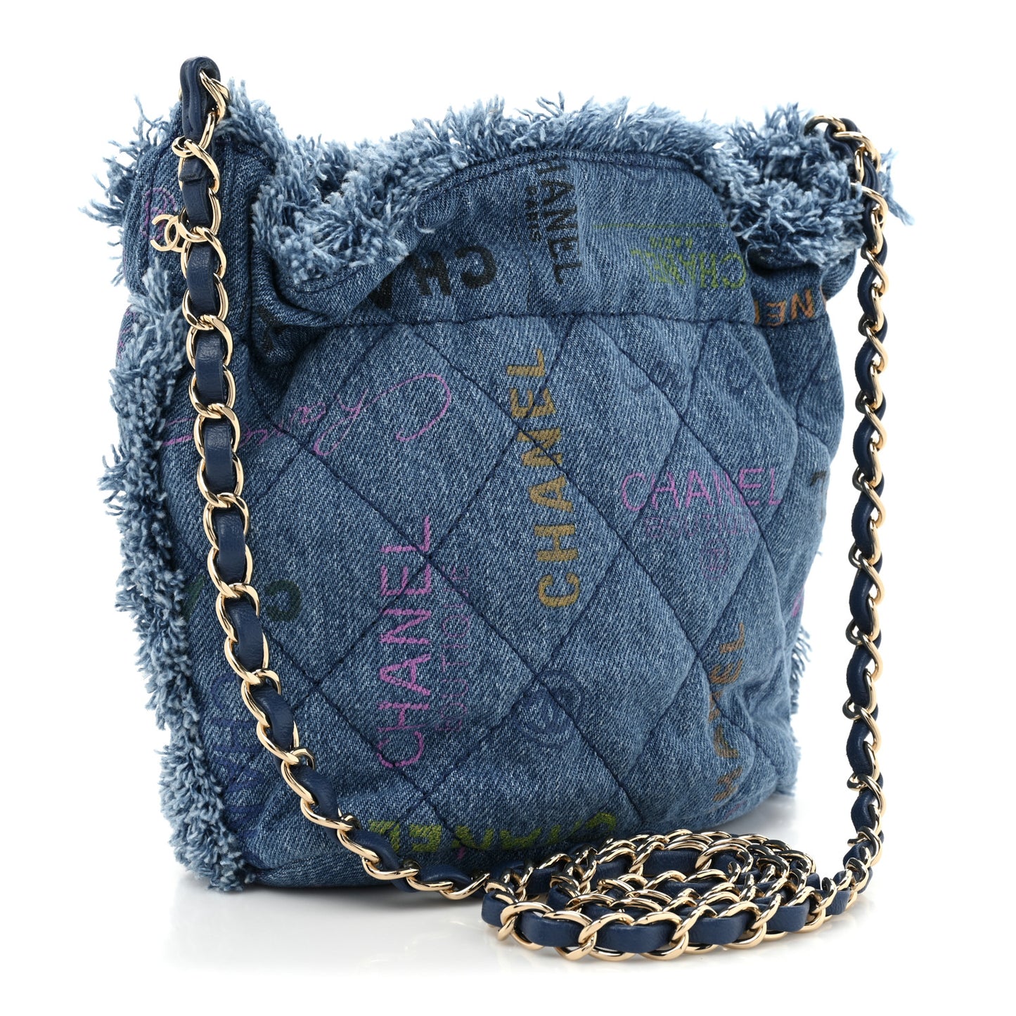 Denim Quilted Small Mood Bucket With Chain Blue Multicolor