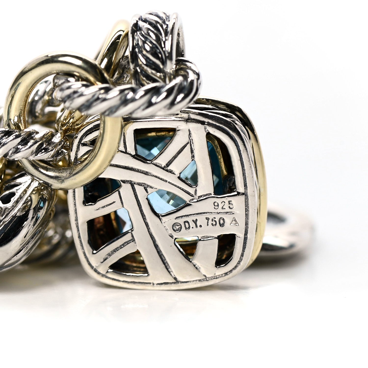 David Yurman Sterling Silver 18K Yellow Gold Diamond Blue Topaz Turquoise 25th Anniversary Charm Bracelet 4 of 8