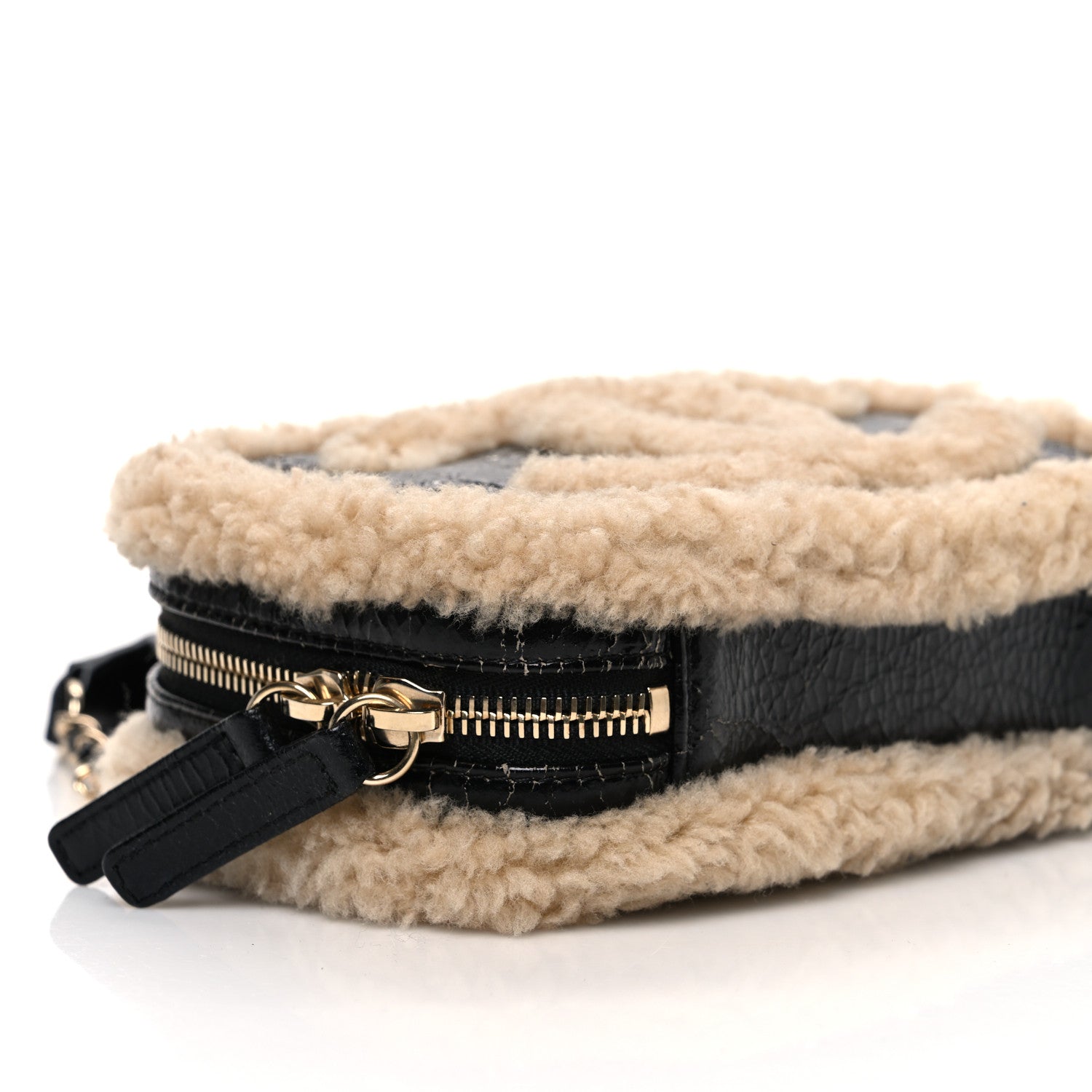 Chanel Shiny Crumpled Sheepskin Shearling Waist Bag Black Beige 8 of 9