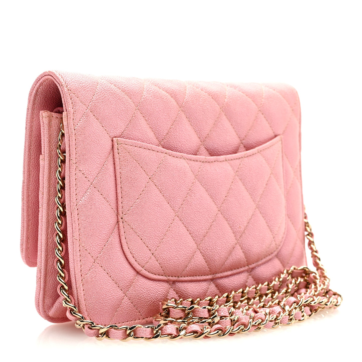 Iridescent Caviar Quilted Wallet on Chain WOC Rose Pink