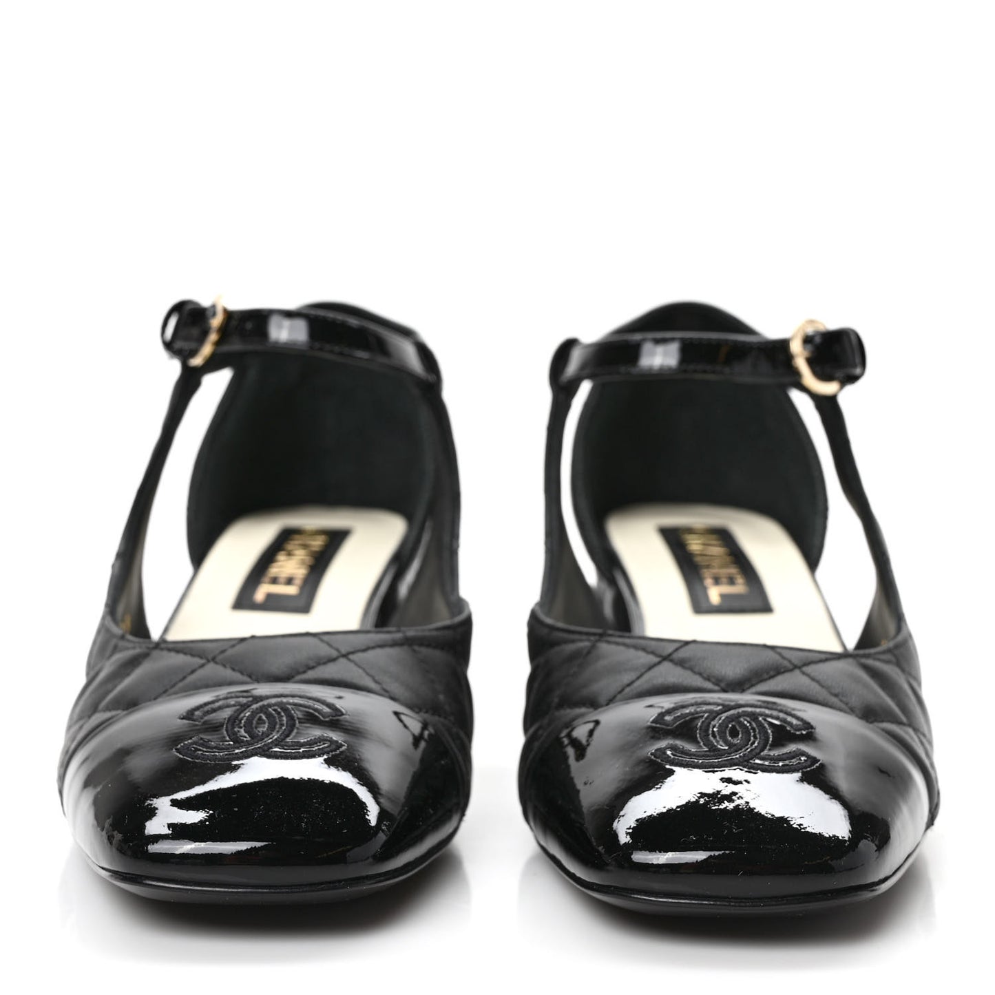 Lambskin Patent Quilted Cap Toe Mary Jane Flats 38 Black