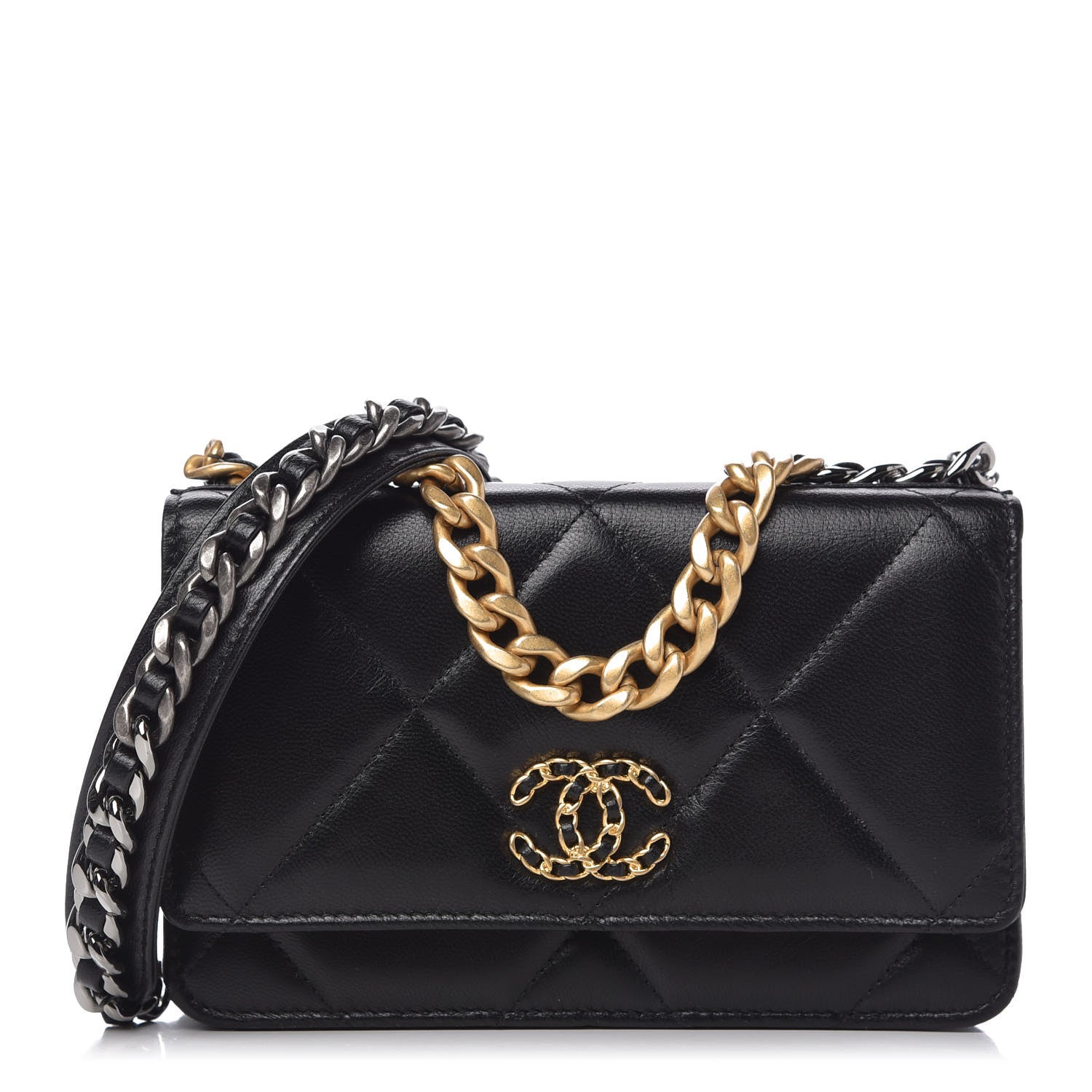 Chanel Shiny Goatskin Quilted Chanel 19 Wallet On Chain WOC Black 1 of 12