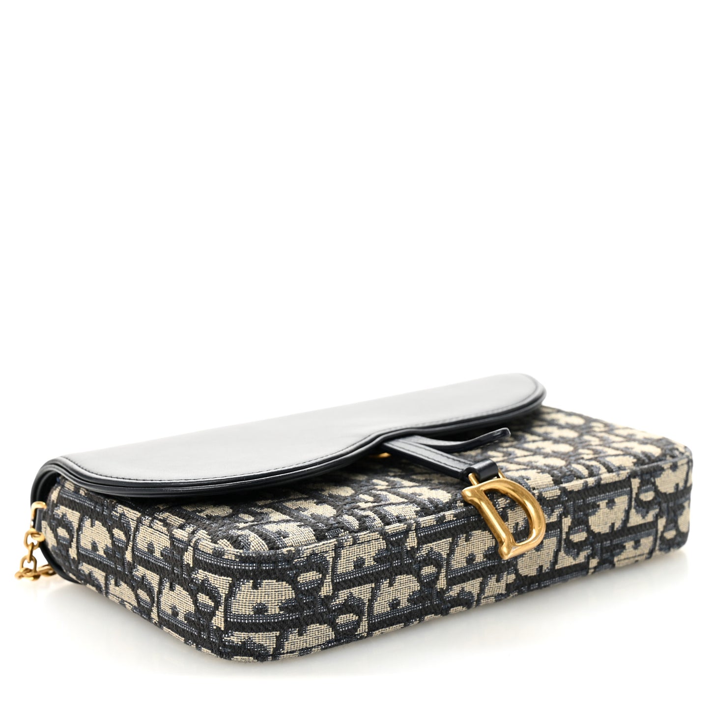 Oblique Smooth Calfskin Medium Saddle Pouch With Chain Blue