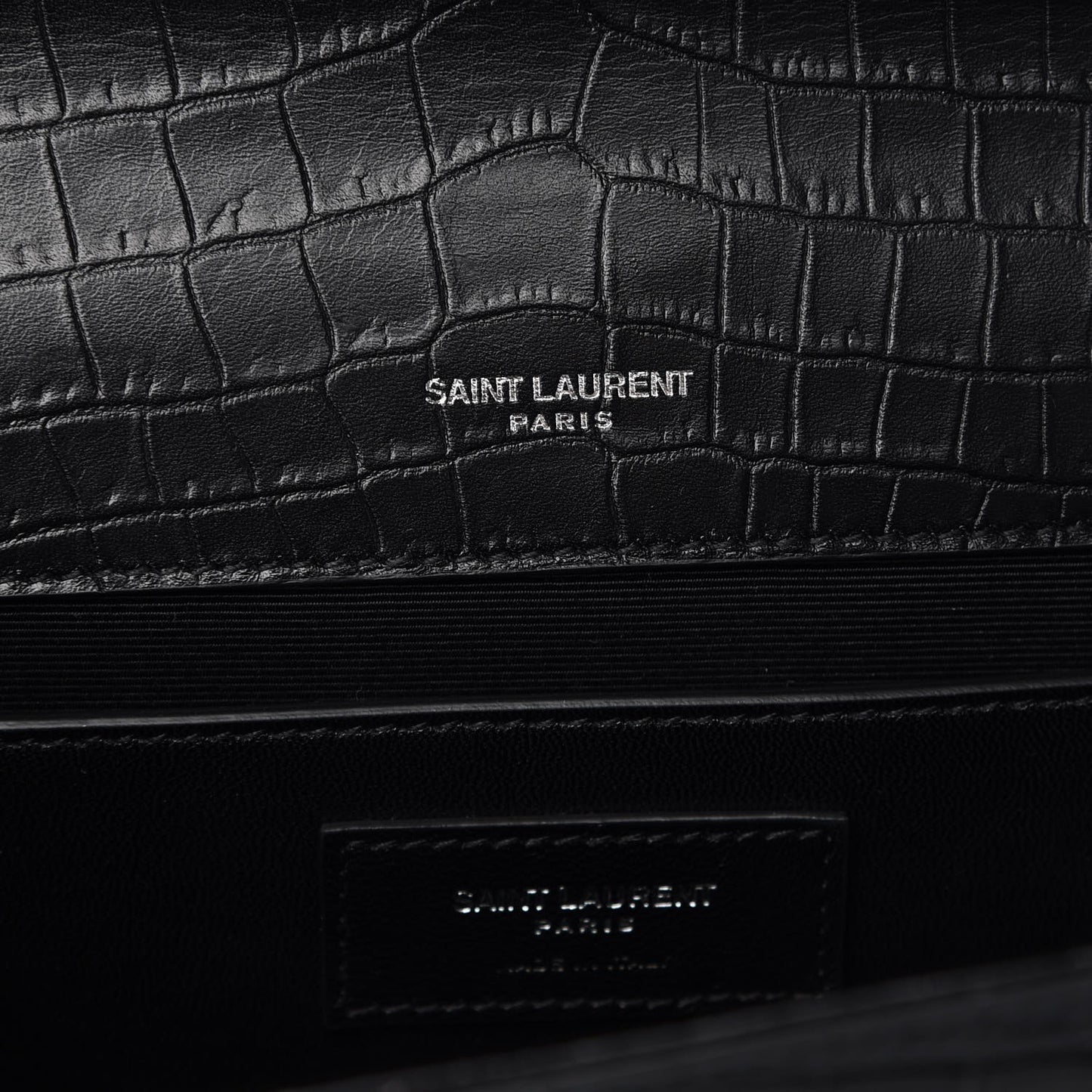 Calfskin Crocodile Embossed Large Classic Monogram Kate Satchel Black